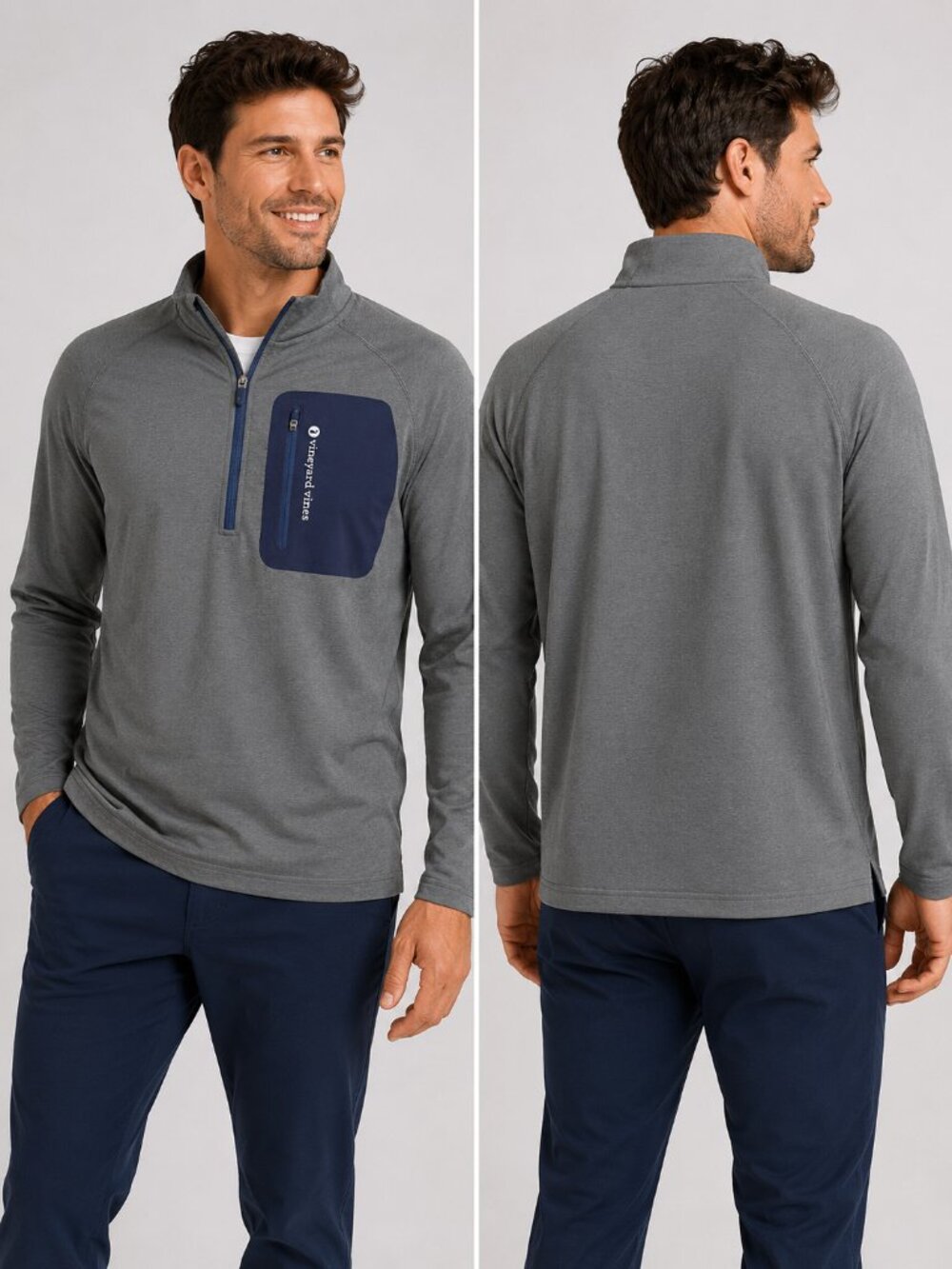 Vineyard Vines Men's Gray / Navy Performance 1/4 Zip Pullover - Size XL